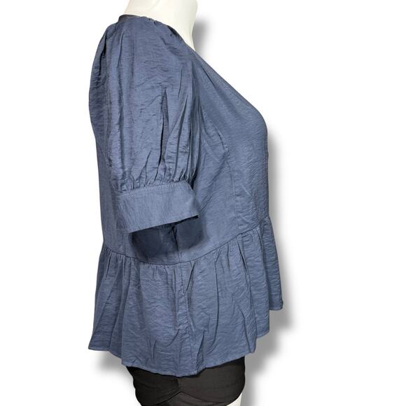 Madewell Womens Peplum Top V Neck Button Down Puffed Short Sleeves Navy Blue XXL - Picture 2 of 8